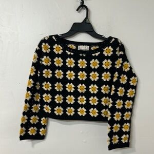 Black Cropped Sweater with Yellow Floral Pattern